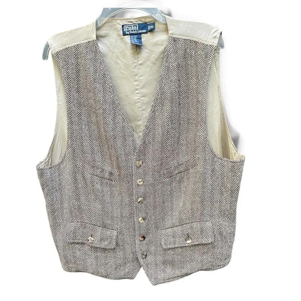 Polo Ralph Lauren Herringbone Wool Linen Silk Vest Waistcoat XL Preppy Academia